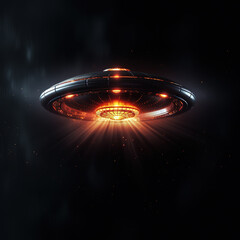 UFO in the night sky. Flying space saucer. An unidentified glowing flying object. Sci-fi digital illustration.