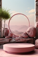 Empty stage for product. Podium, pedestal, place for product demonstration. Minimalism, stones, pink marble, leaves, plants, nature