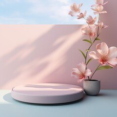 Empty round product stage with flowers. Podium, pedestal, place for product demonstration, platform. Minimal style, pastel colors