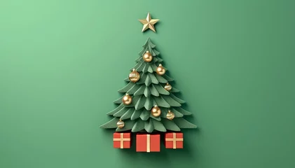Fotobehang Christmas Tree Mockup Closeup isolated on green background. Christmas Eve with gift boxes and copy space. Winter traditional holidays. Banner Merry Christmas and Happy New Year concept. Ai generative © ladyalex