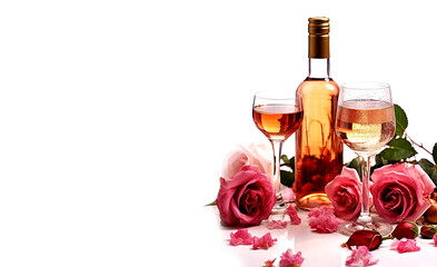 A bottle of rose wine without a label, two glasses and a romantic bouquet of flowers on a white background. Template for advertising, corporate identity, romantic party.