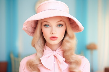 Portrait of a blonde model in a hat with timeless elegance, vintage charm and emotional depth posing in a melancholic interior of pastel colors. 