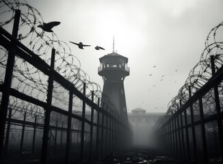 Prison watchtower protected by wire of prison fence.White prison wall and guard tower with coiled barbed wire.Criminal justice imprisonment concept. Created with Generative AI technology. - obrazy, fototapety, plakaty
