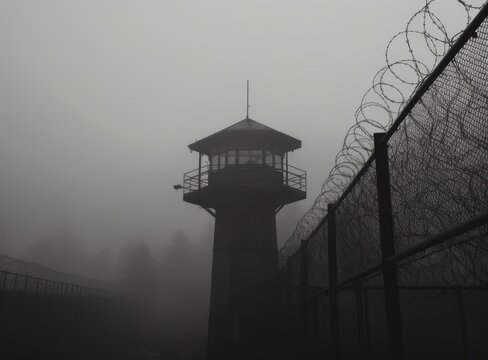 Prison watchtower protected by wire of prison fence.White prison wall and guard tower with coiled barbed wire.Criminal justice imprisonment concept. Created with Generative AI technology.