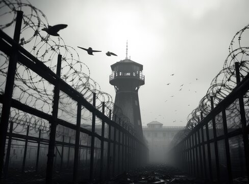 Prison watchtower protected by wire of prison fence.White prison wall and guard tower with coiled barbed wire.Criminal justice imprisonment concept. Created with Generative AI technology.