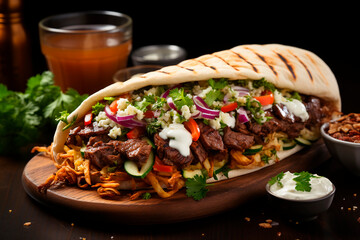 Juicy shawarma with meat and vegetables close-up