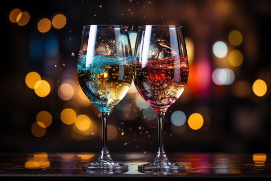 Abstract rainbow-colored champagne glasses and a gold-toned background are appropriate for Valentine's Day, weddings, New Year's Eve, Christmas, etc. Event Concept.