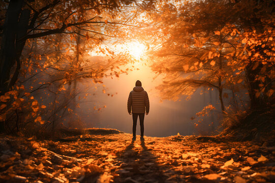 Man stand in the park between trees in autum colours ai generated art