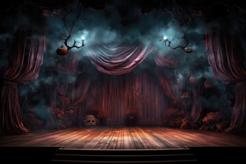 Empty scary stage with red curtains decorate with halloween theme. copy space. Generative AI