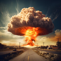 Nuclear weapon. Nuclear bomb explosion with town and road. Atomic bomb, atomic war