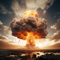 Nuclear weapon. Nuclear bomb explosion over sunset with clouds. Atomic bomb, atomic war