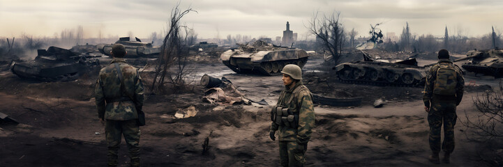 Soldiers defending a city destroyed by war. Conflict between countries. landscape panorama