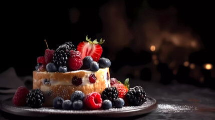 Berry cake with wrapped cream and fresh berries on a dark background. Generative AI technology.