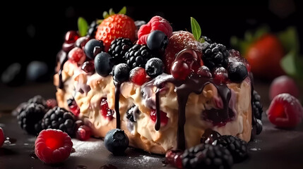 Berry cake with wrapped cream and fresh berries on a dark background. Generative AI technology.