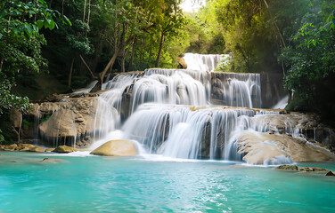 Fototapeta na wymiar Huay Mae Khamin National Park Waterfall, a beautiful waterfall, in the rainforest nature in Kanchanaburi Province,