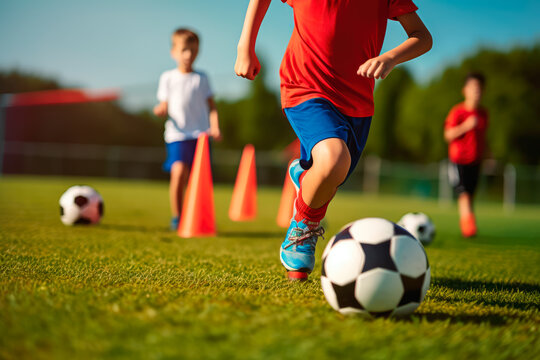 Soccer training class for kids. Children kicking a classic soccer ball in a slalom exercise.