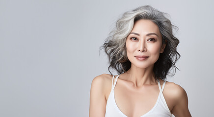 Japanese beautiful woman portrait with smooth health skin face for advertising design. Fit asian beautiful aging young looking woman, beauty health skincare and cosmetics advertisement commercial ad
