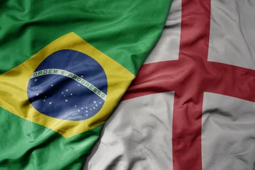 Papier Peint photo Lavable Brésil big waving realistic national colorful flag of brazil and national flag of england .