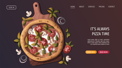Pizza Margherita with tomatos and mozzarella on the wooden board. Italian cuisine, healthy food, cooking, restaurant menu, eating, recipes concept. Vector illustration for website, menu, banner.