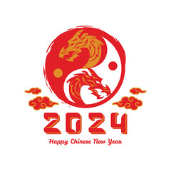 Red and gold 2024 year of the dragon illustration