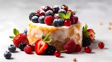 Berry cake with wrapped cream and fresh berries on a white background. Generative AI technology.