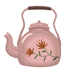 Doodle of teapot with floral ornament. Cute kettle clipart isolated on white background. Vector illustration in cartoon style.