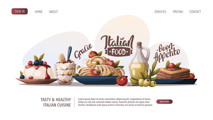 Web page with Italian pasta, lasagna, olive oil, panna cotta, tiramisu. Italian food, dessert, healthy eating, cooking, recipes, restaurant menu concept. Vector illustration for banner, website.