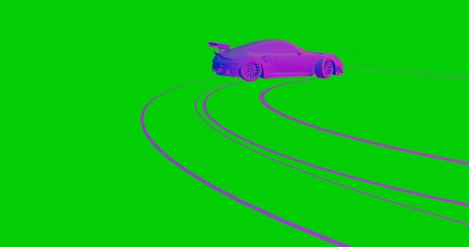 3D animation of a sports car driving rings in purple and green with skidmarks