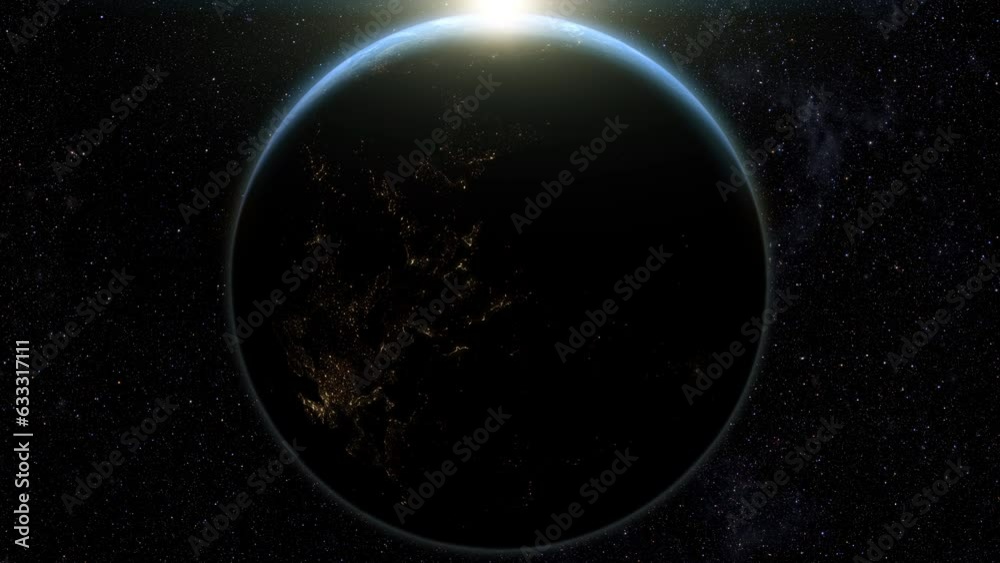 Poster a cinematic rendering of planet earth during sunrise as view from space with vibrant blue sky atmosp