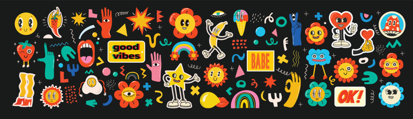 Groovy hippie stickers set. Comic happy retro girls, geometric stickers, characters in trendy retro 60s 70s cartoon style. Vintage vector illustrations.