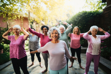 Multiracial group of active senior women doing exercise outdoors together. Healthy lifestyle. - obrazy, fototapety, plakaty
