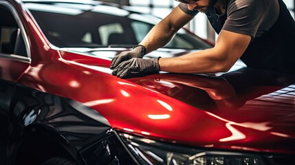 Auto body repair specialist is hard at work, using their knowledge and tools to fix a dent on the car's fender, ensuring a flawless restoration. Generated by AI. - obrazy, fototapety, plakaty
