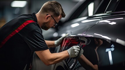 Auto body repair specialist as they meticulously work to fix a dent on the car's fender, restoring both the appearance and structural integrity with precision. Generated by AI. - obrazy, fototapety, plakaty
