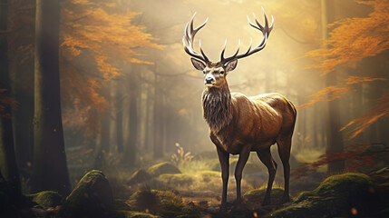 Red deer in the morning sun. Generative AI