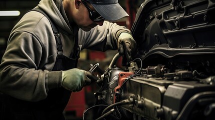 Fototapeta na wymiar Auto technician skillfully fixes a faulty electronic power steering system, contributing to improved driving comfort and ensuring confident handling. Generated by AI
