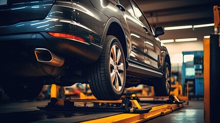 Technicians meticulously aligning a car's wheels to ensure precise wheel alignment, a crucial maintenance step that enhances steering. Generated by AI.