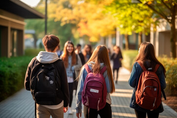 Teenage students heading to class at high school with backpacks, talking among themselves and walking together. Early in the morning.