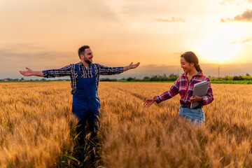 Two farmers, a man and a woman, venture out to their wheat field at sunset. They stand amidst the field, wearing smiles of satisfaction and contentment as they assess their crop.
