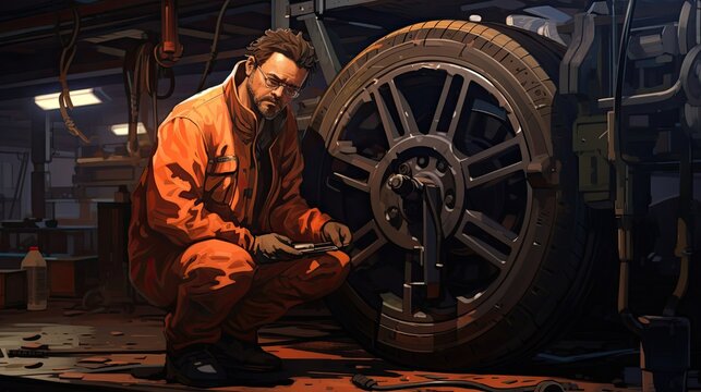 Car mechanic is diligently working on the suspension system, applying expertise and precision to enhance the vehicle's handling and ensure a smooth and comfortable ride. Generated by AI.