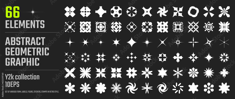 Poster Vector retrofuturistic y2k abstract geometry graphic design elements collection, Big set of various form, labels, shapes, stickers, Modern bold brutalistic objects and shapes