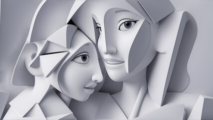 3d rendered monochromatic illustration of a mother and son in cubism styles, cubism style for background, wallpaper, 3D art print, Generative AI