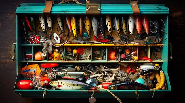 Close-up of a tackle box adorned with an array of lures, each designed to entice and captivate different fish species. The assortment showcases the angler's strategic. Generated by AI.