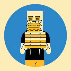 Courier with cardboard containers, takeaway food color concept. Delivery service. Digital illustration for web page, mobile app, promo.