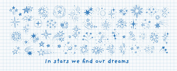 Fototapeta na wymiar Collection of doodle stars and constellations on lined paper background. Vector sketch illustration