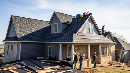 Construction crew as they skillfully affix roofing shingles to a newly erected house. The deliberate placement and precise technique ensure that the roof. Generated by AI. - obrazy, fototapety, plakaty