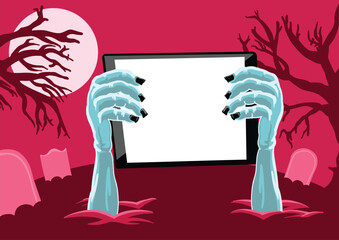 Zombie Hand Rising Out Holding Tablet in Graveyard, Vector Illustration