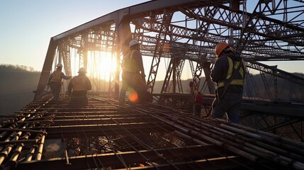 Naklejka premium Construction crew meticulously assembling and rigorously testing a new steel bridge, their synchronized efforts culminating. Generated by AI.