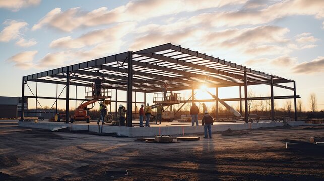Construction crew meticulously assembling and erecting a steel building, their coordinated efforts transforming raw materials into a towering and resilient structure. Generated by AI.