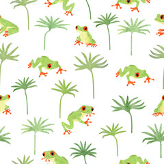 Tree frog pattern. Seamless vector background with cute cartoon green frogs and tropical plants