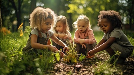 Enchanting scene of preschoolers brimming with excitement, venturing into the natural world during an outdoor lesson. Generated by AI.